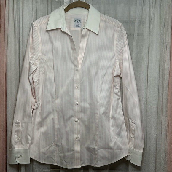 NWOT Brooks Brothers 10Fitted Non-Iron White collar& Cuffs pink stripe Item# 6B - Picture 1 of 7